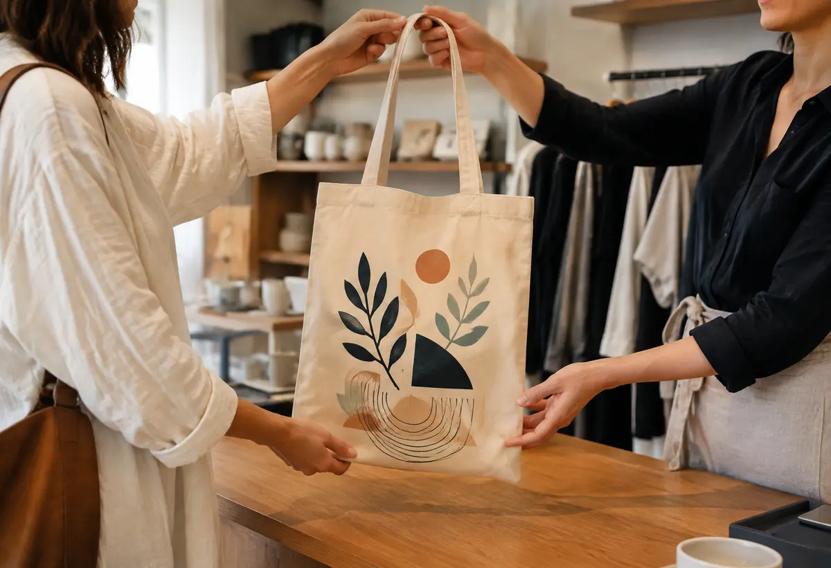 Ecobag personalizada sendo utilizada como embalagem em uma loja