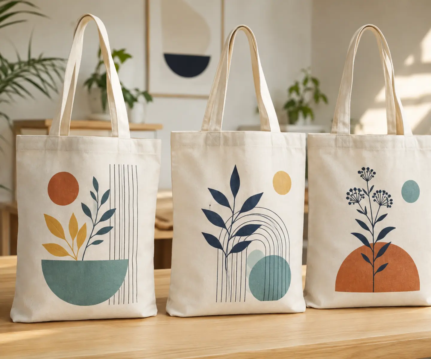 Três ecobags personalizadas sobre uma mesa