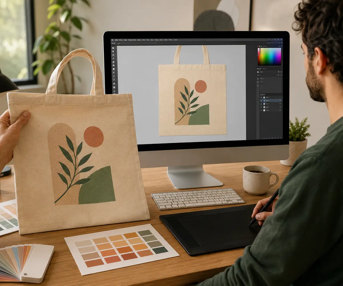 Profissional preparando no computador a arte de uma ecobag