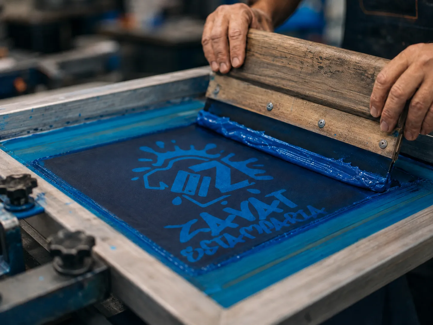 Aplicação de tinta azul no processo de serigrafia